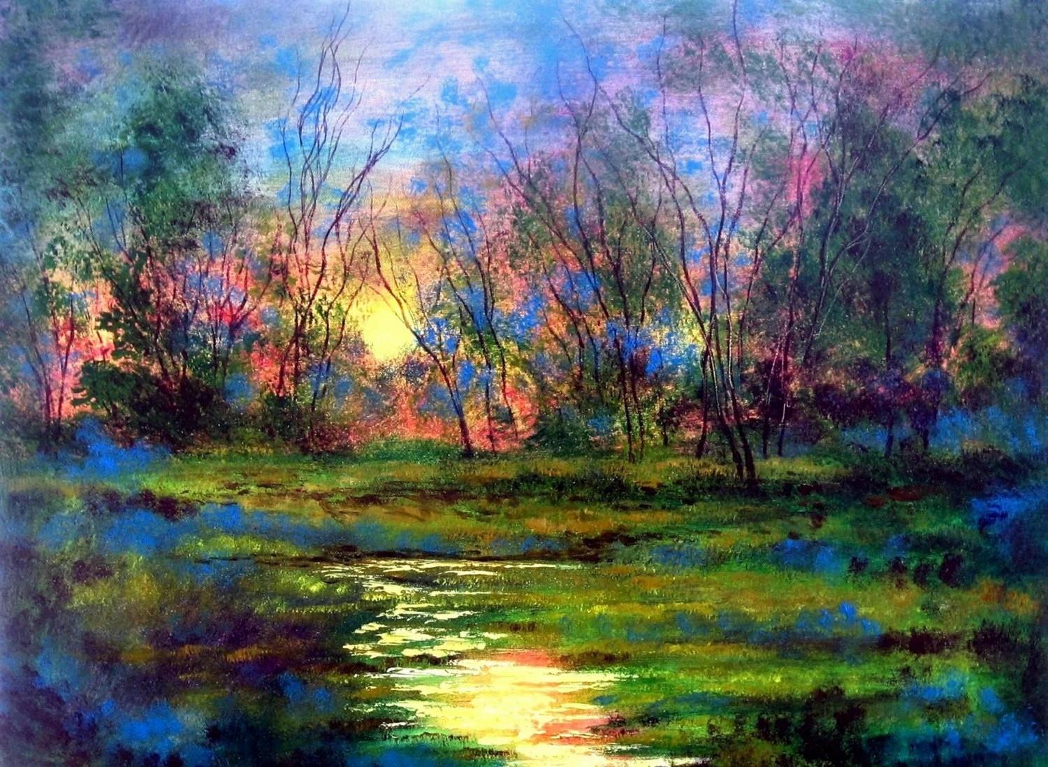 Summer Sunset Stream par Vadal décor de jardin paysage art mural nature paysage Peintures à l'huile